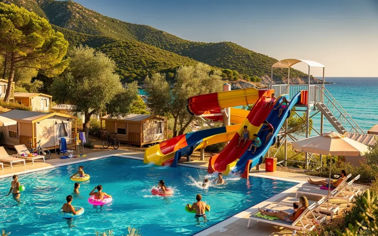 Un camping corse baigné de soleil avec une piscine et des toboggans colorés, entouré de collines verdoyantes et de la mer turquoise, où des familles profitent d’une ambiance estivale.