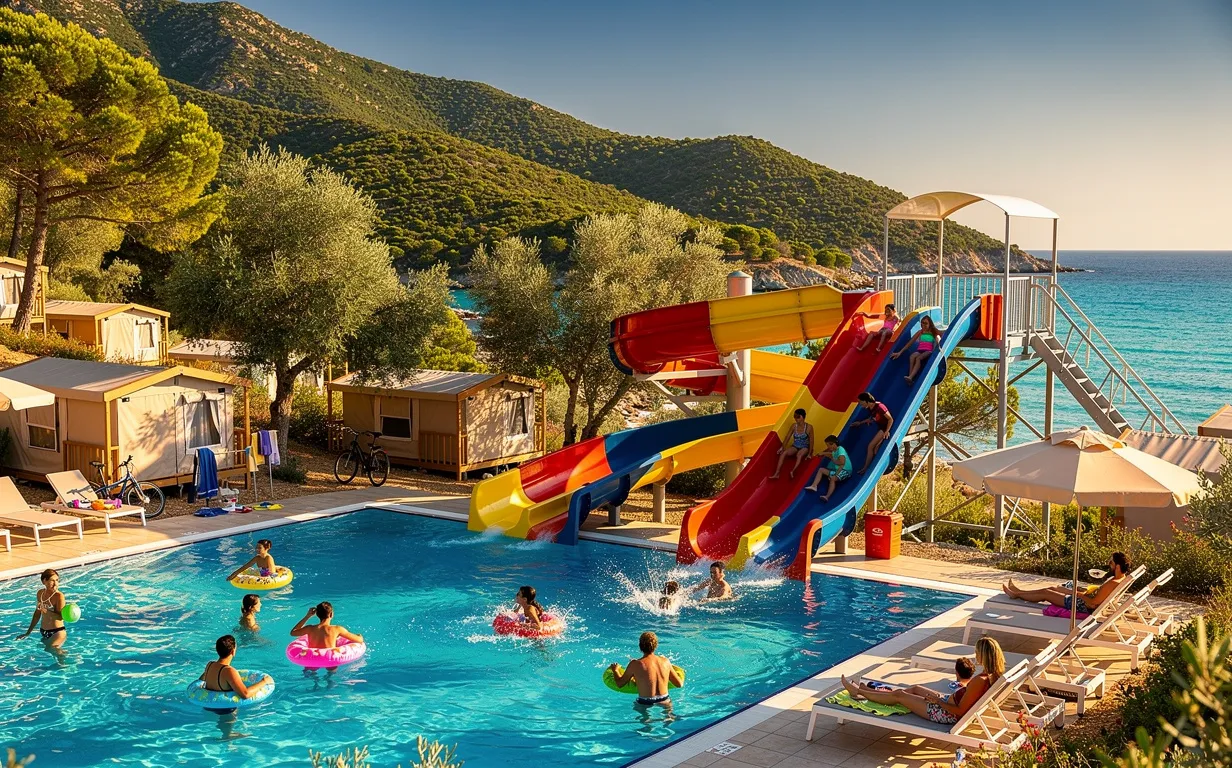 Un camping corse baigné de soleil avec une piscine et des toboggans colorés, entouré de collines verdoyantes et de la mer turquoise, où des familles profitent d’une ambiance estivale.