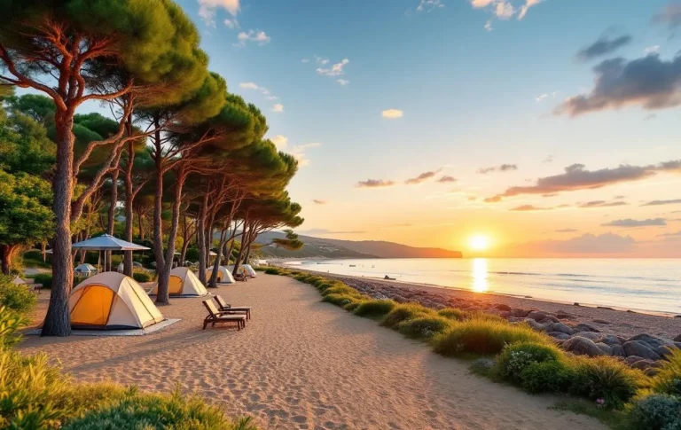 Campsites disposés le long de la côte, avec des tentes face à la mer et un ciel dégagé.