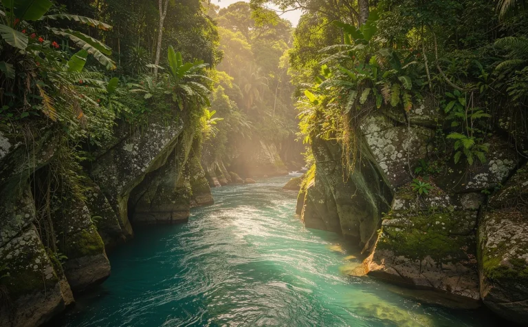 Vue photoréaliste du canyon de la rivière Moustique en Guadeloupe, avec eau turquoise, falaises rocheuses et végétation tropicale sous une lumière tamisée.
