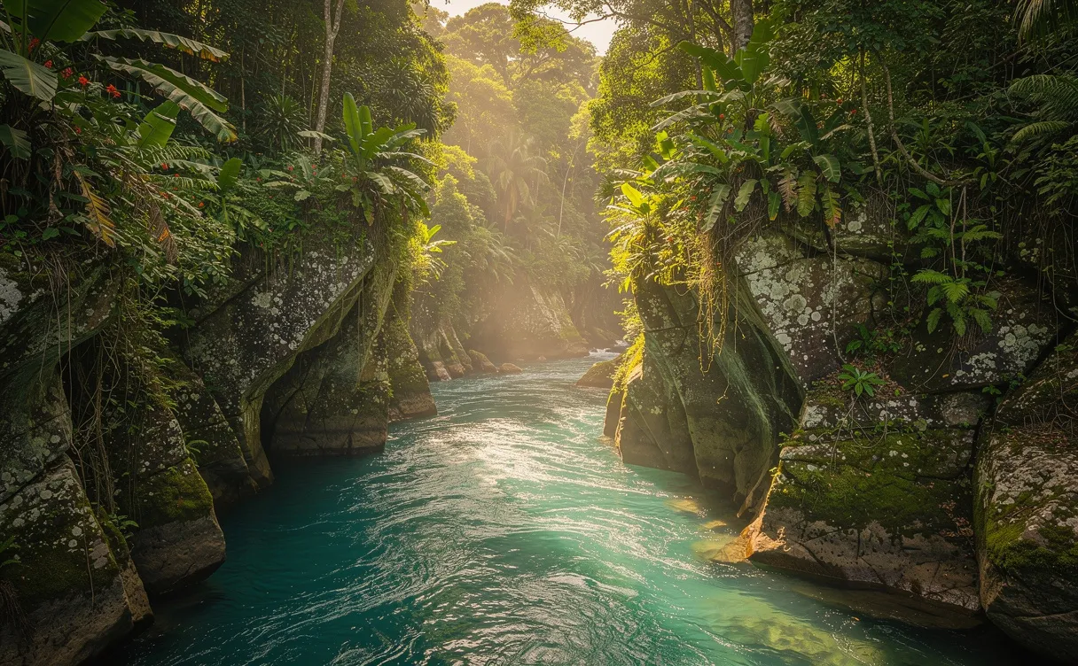 Vue photoréaliste du canyon de la rivière Moustique en Guadeloupe, avec eau turquoise, falaises rocheuses et végétation tropicale sous une lumière tamisée.