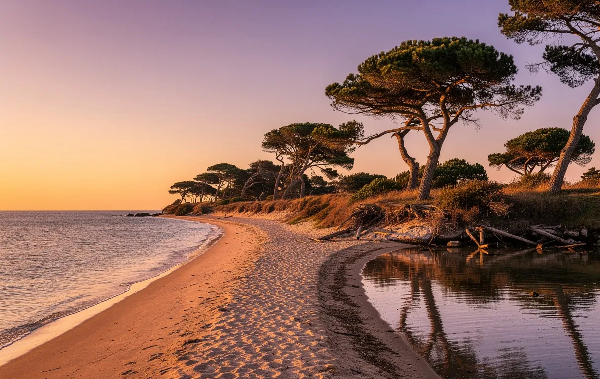La flèche sableuse du Cap Coz s’étend entre l’océan bleu et une baie calme, bordée de pins sous un coucher de soleil doré.