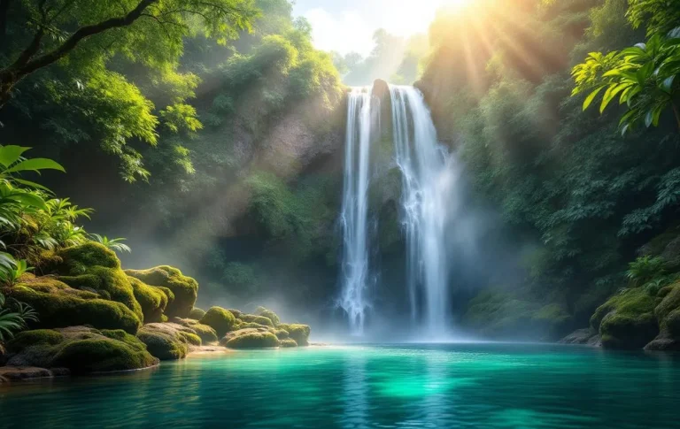 Cascade du Pain de Sucre entourée de forêt tropicale, avec l'eau claire tombant sur des rochers dans un bassin turquoise sous une lumière tamisée.