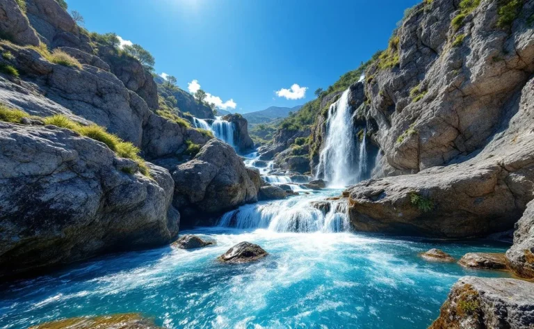 Cascades d'eau claire dévalant les rochers, entourées d'une végétation luxuriante.