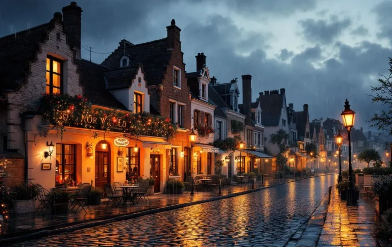 Cayeux-sur-Mer sous la pluie, avec des nuages gris et des pavés mouillés.