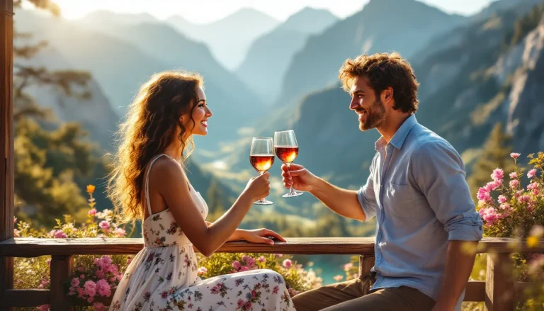 Un couple échange des gestes tendres lors d'une célébration romantique en montagne, entouré de paysages alpins.