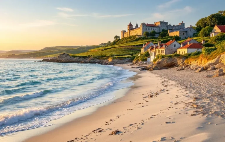 Paysage de la Charente-Maritime illuminé par un crépuscule doré, mettant en valeur la mer et la campagne environnante.