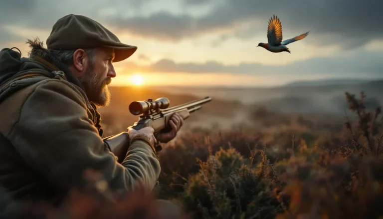 Un chasseur se tient debout au crépuscule, dans un paysage écossais embrumé.