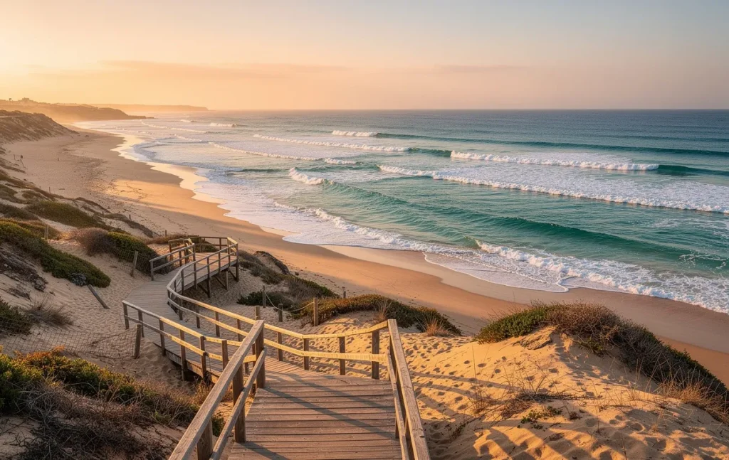 Une plage de sable avec des vagues turquoise, un sentier en bois traversant les dunes et une lumière dorée en fin de journée.