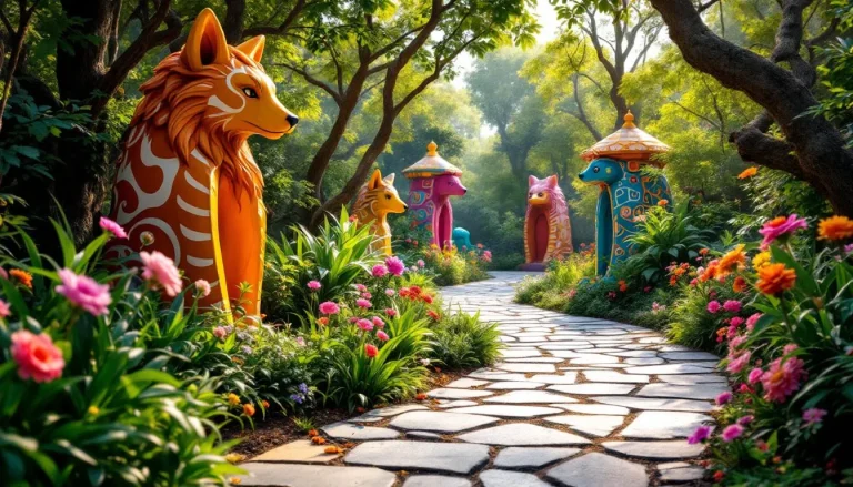 Un chemin lumineux serpente à travers un jardin inspiré du tarot, bordé de plantes et de cartes symboliques.