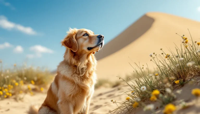 Un chien et son propriétaire se tiennent sur une dune, profitant de la nature environnante.