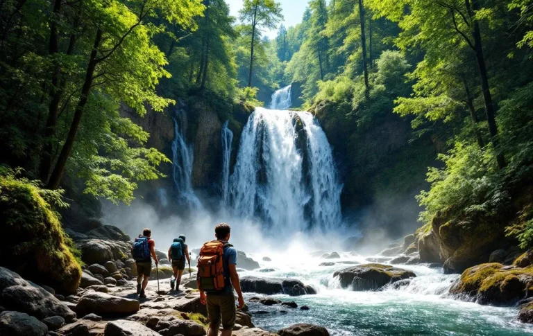 Chute d'eau majestueuse entourée de verdure et de rochers.