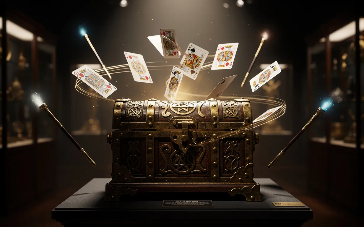 Un coffre magique ancien orné entouré de cartes à jouer scintillantes et de baguettes lumineuses, posé dans une salle de musée sombre aux ombres marquées et reflets dorés.