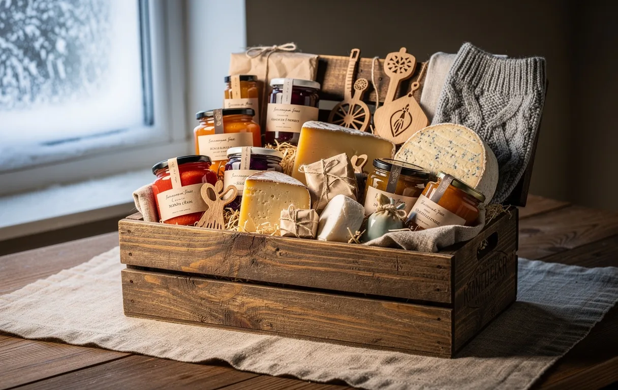 Une boîte en bois rustique remplie de spécialités gourmandes du Nord et d’objets artisanaux repose sur un linge texturé, éclairée par une lumière douce venant d’une fenêtre.