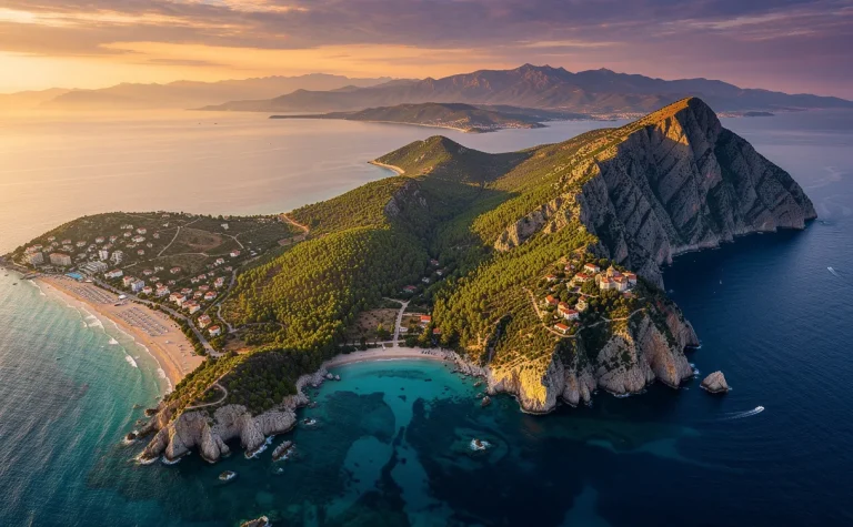 Vue aérienne photoréaliste de la péninsule de Halkidiki en Grèce avec les eaux turquoise, les paysages verdoyants de Kassandra et Sithonia, et les falaises de l’Athos au coucher du soleil.
