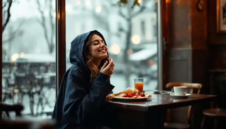 Une crêpe posée sur une table de café sous une pluie légère.