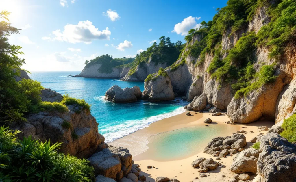 Une crique rocheuse dissimulée avec eaux turquoise, plage de sable, falaises verdoyantes et ciel ensoleillé.