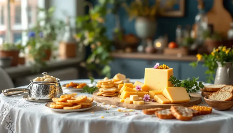 Délices néerlandais disposés sur une table au bord de l'eau, entourés de verdure.