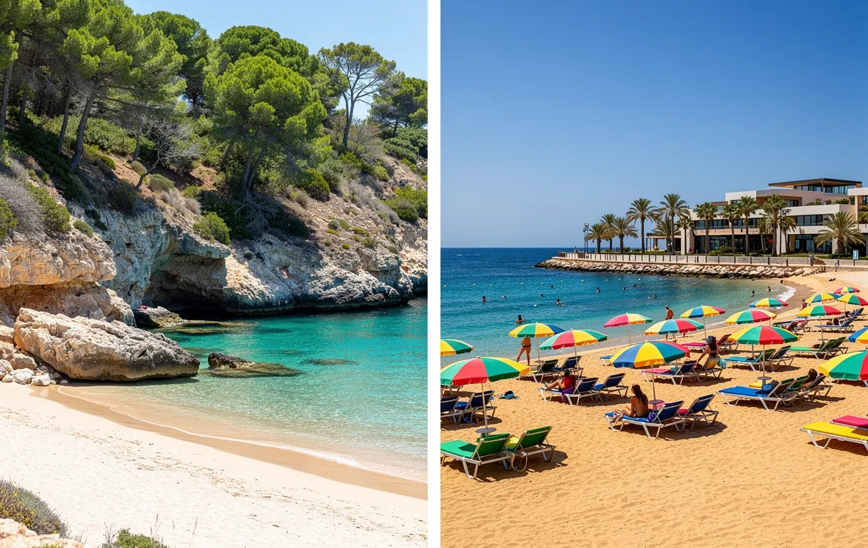 Vue partagée entre une crique naturelle de Minorque aux eaux turquoise bordée de pins et une plage animée de Majorque avec rangées de parasols et palmiers sous un ciel ensoleillé.