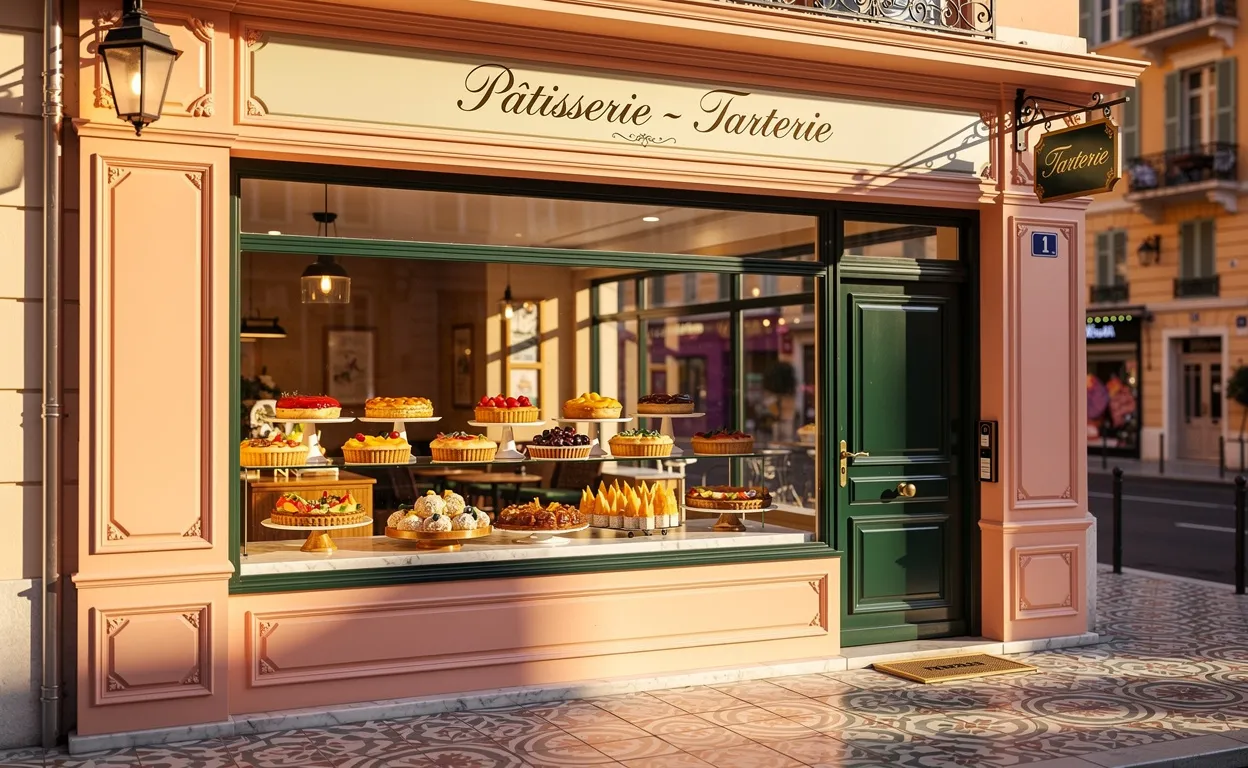 Devant une tarterie à Nice, des tartes dorées sont exposées en vitrine sous une lumière chaleureuse sur un trottoir carrelé, devant une façade pastel.