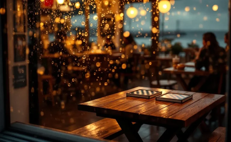 Vue d’une fenêtre de café en bord de mer à Courseulles-sur-Mer sous la pluie, avec des gouttes sur la vitre, une lumière dorée à l’intérieur et des jeux de société ainsi que des pâtisseries sur la table.