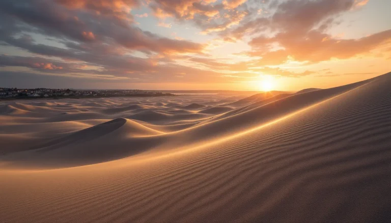 Dune du Pilat baignée par la lumière dorée du crépuscule, soulignant ses formes ondulantes et le ciel parsemé de nuages.