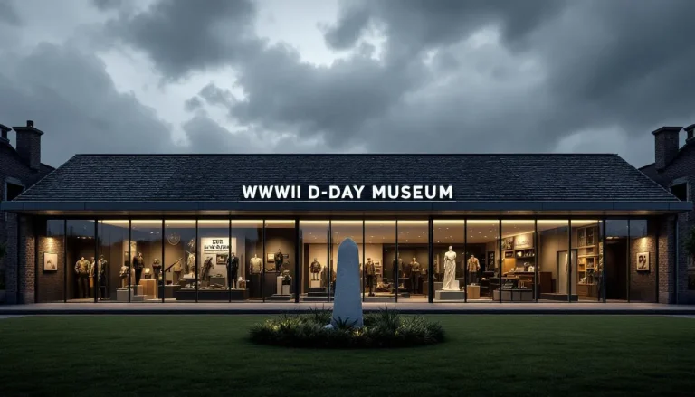 Entrée du musée D-Day avec une architecture moderne et des visiteurs contemplant l'exposition.