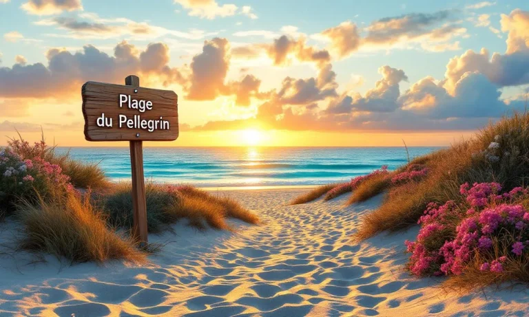 Entrée de plage baignée de lumière avec du sable doré et des dunes verdoyantes.