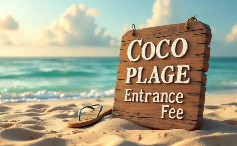 Entrée de plage avec un panneau en bois indiquant « Coco Plage Entrance Fee », des sandales posées sur le sable doré et la mer turquoise à l’arrière-plan.