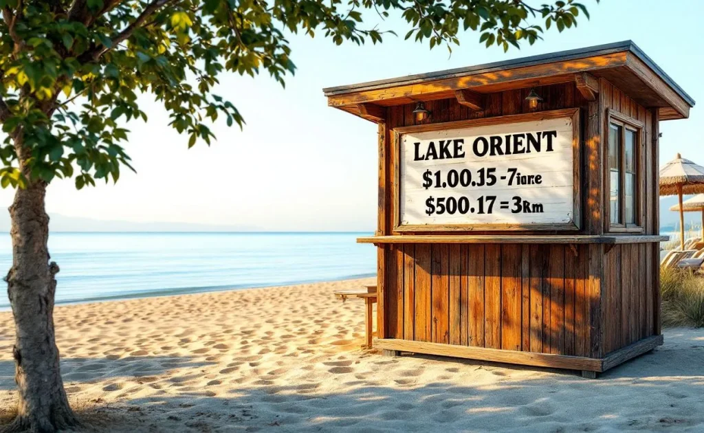 Entrée de la plage du lac Orient avec une guérite en bois, un panneau de tarifs et vue sur le rivage sablonneux, le lac calme et quelques parasols sous la lumière de fin d’après-midi.