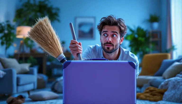 Un individu tente de soulever un objet incongru dans un contexte surréaliste, illustrant une interaction ludique avec l'absurde.