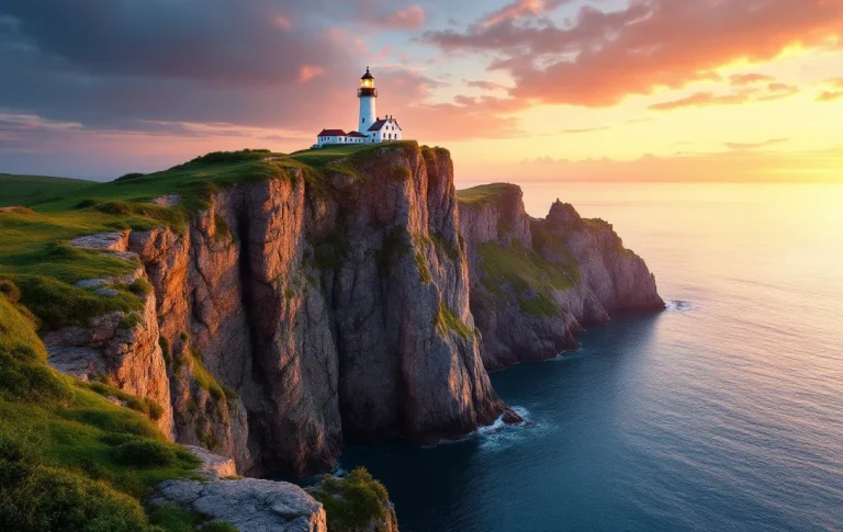 Vue photoréaliste de la côte bretonne près de Porzo, avec des falaises, un phare surplombant la mer bleue et de la verdure au coucher du soleil.