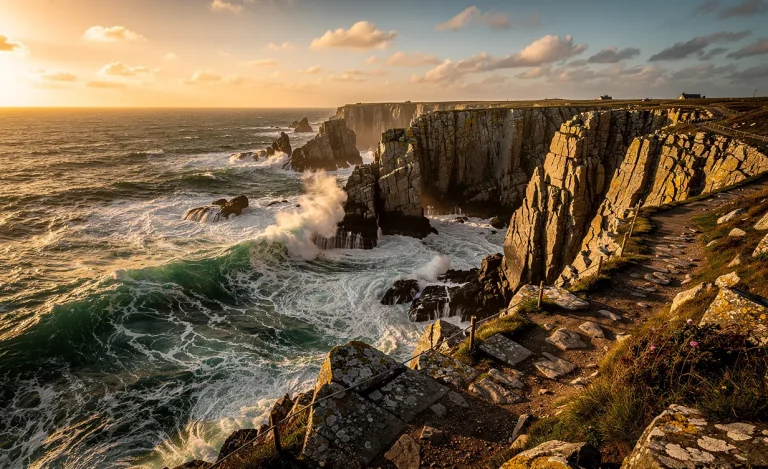 Vue photoréaliste des falaises de la Pointe du Raz éclairées par la lumière dorée du soir, avec des vagues frappant les rochers et un sentier côtier sinueux.