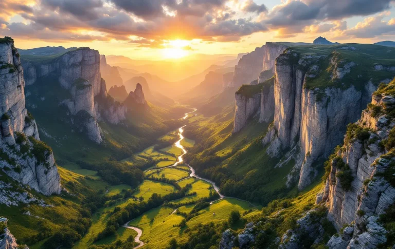Vue panoramique du Cirque de Vènes avec ses falaises de calcaire baignées de lumière dorée et ses collines verdoyantes.