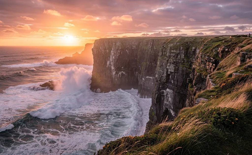 La Pointe du Finistère se dresse au-dessus des vagues de l’Atlantique au coucher du soleil, avec de l’herbe battue par le vent sur des rochers.