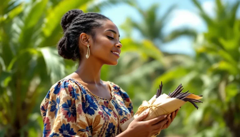 Femme tenant des gousses de vanille.