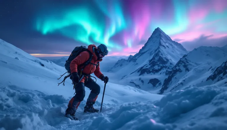 Un grimpeur solitaire escalade une paroi rocheuse au Mont Rose, entouré de paysages alpins majestueux.