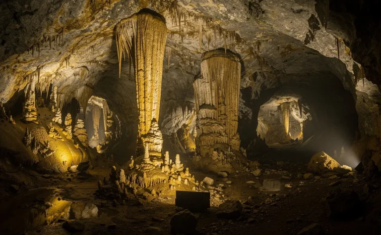 Vue photoréaliste de formations rocheuses anciennes éclairées d’une lumière dorée, avec des passages ombragés dans les grottes d’Isturitz et Oxocelhaya.