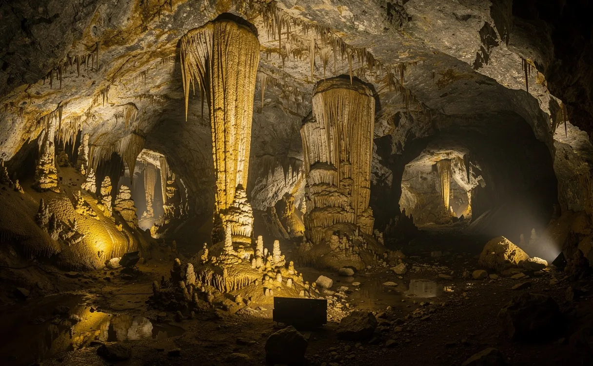 Vue photoréaliste de formations rocheuses anciennes éclairées d’une lumière dorée, avec des passages ombragés dans les grottes d’Isturitz et Oxocelhaya.