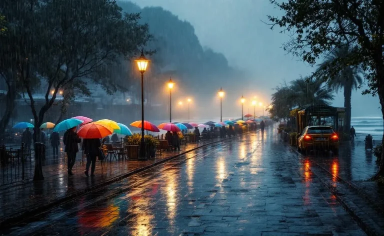 Hardelot sous une pluie colorée, avec des parapluies ouverts et des reflets vibrants sur les pavés mouillés.