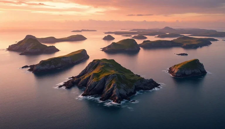 Iles bretonnes baignées dans une lumière dorée au crépuscule.