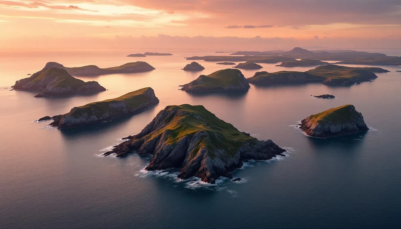 Iles bretonnes baignées dans une lumière dorée au crépuscule.