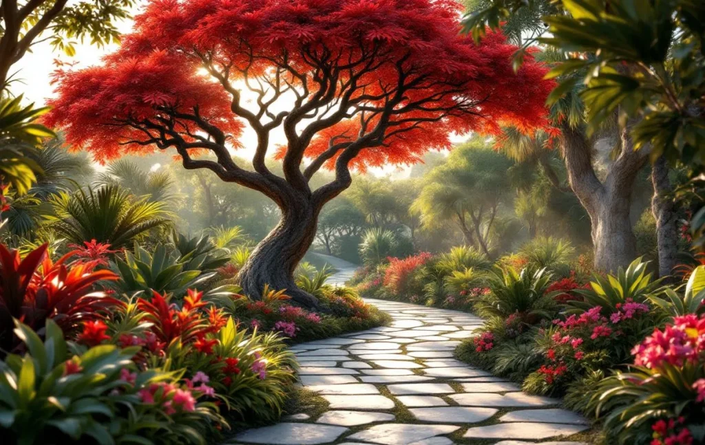 Un chemin de pierre serpente au milieu de plantes exotiques, de fleurs colorées et d’un dragonnier sous une lumière dorée dans les jardins botaniques de Gibraltar.