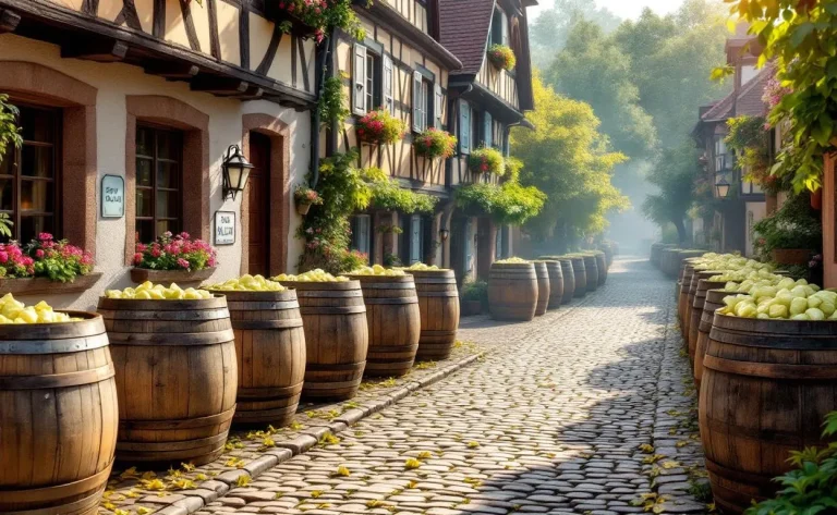 Krautergersheim, ville réputée pour son chou-fermenté, montre des jardins verdoyants et des étals colorés de produits locaux.