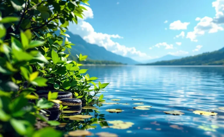Un lac paisible entouré de verdure avec un serpent curieux émergeant des eaux.