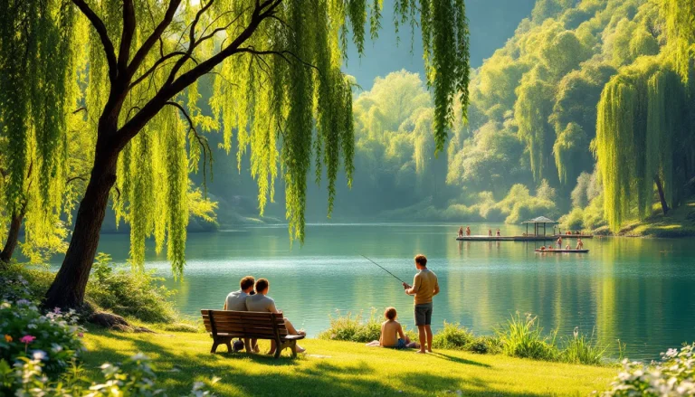 Lac d'Aubusson entouré de verdure et reflétant le ciel.