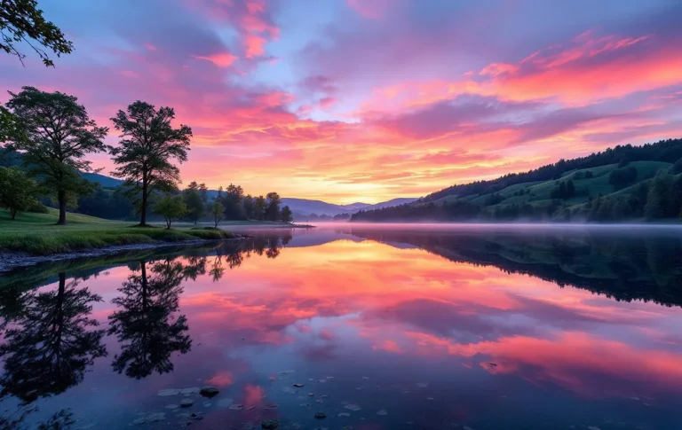 Lacs calmes reflétant les teintes douces du crépuscule.