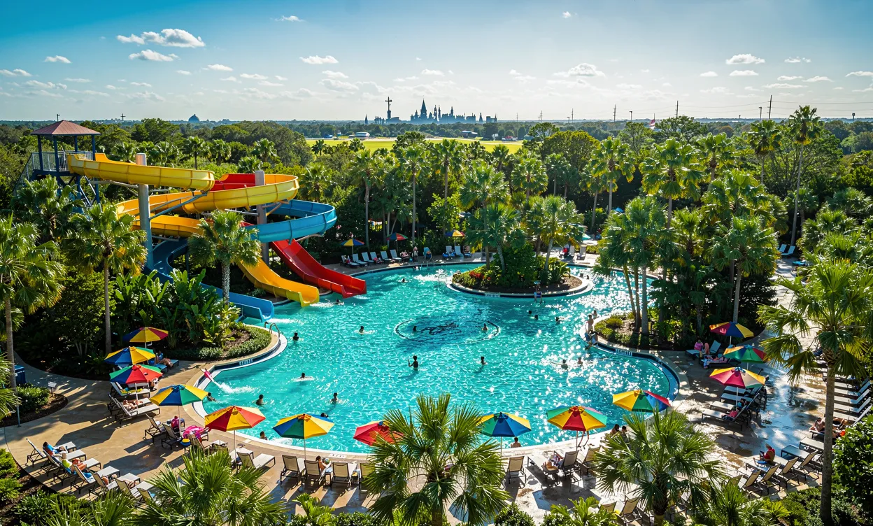 Le Grove Resort & Water Park avec ses piscines, toboggans sinueux, palmiers et une vue sur le ciel ensoleillé et la silhouette de Disney au loin.