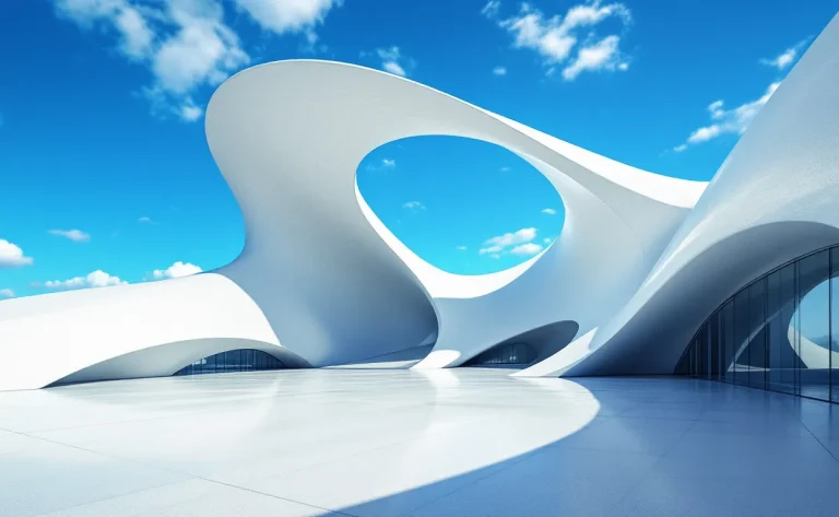 Le Volcan du Havre, structure blanche aux courbes lisses, se dresse sur une place moderne sous un ciel bleu vif.
