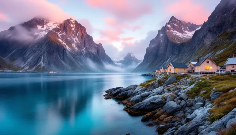 Paysage des Lofoten sous le soleil de minuit, illuminant des montagnes sculptées et des fjords scintillants.